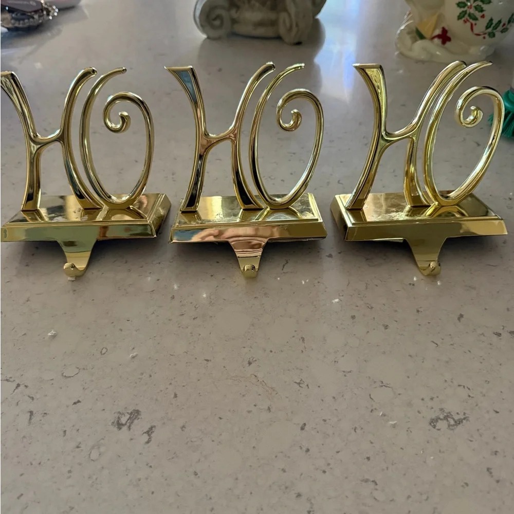 Pottery Barn 3 Ho Ho Ho Stocking Hangers Christmas Gold Tone HEAVY STURDY